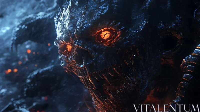 Infernal demon skull with molten eyes in icy void.