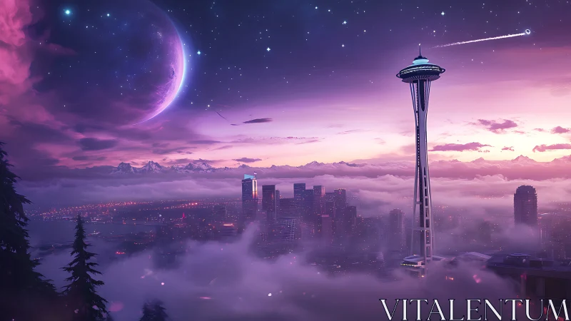 Seattle skyline in neon dusk with surreal cosmic moon.