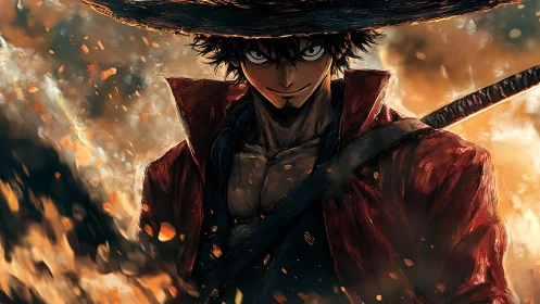 Sword-wielding warrior strides through blazing ember storm.