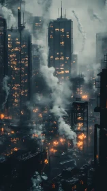 Embers climb the smokestacks of a restless steel city night