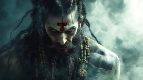 Intense ascetic figure with beads in swirling smoke scene.