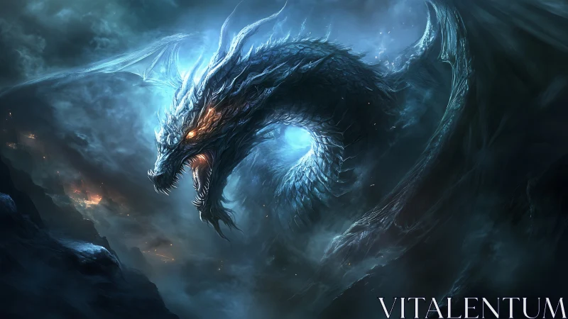 Iceborn dragon coils through stormlit abyssal sky in fury.
