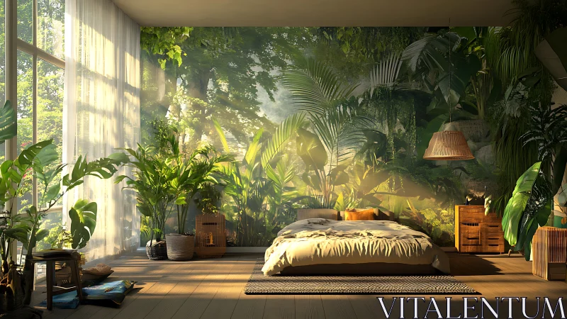 Sunlit bedroom integrates jungle mural and indoor foliage