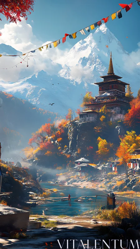 Peaceful mountain temple beside a bright autumn river valley.