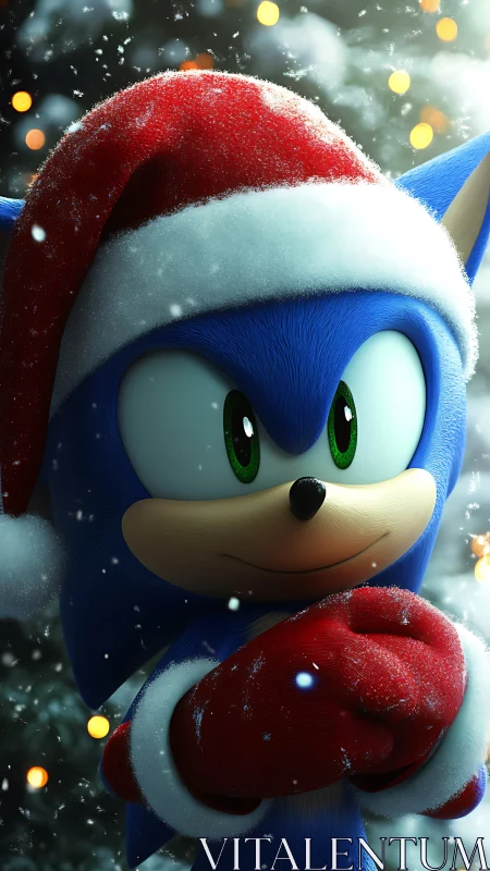 Blue hedgehog in Santa hat standing in snowy lights