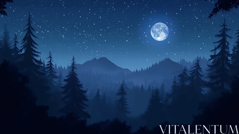 Moonlit mountain wilderness under starry night sky.