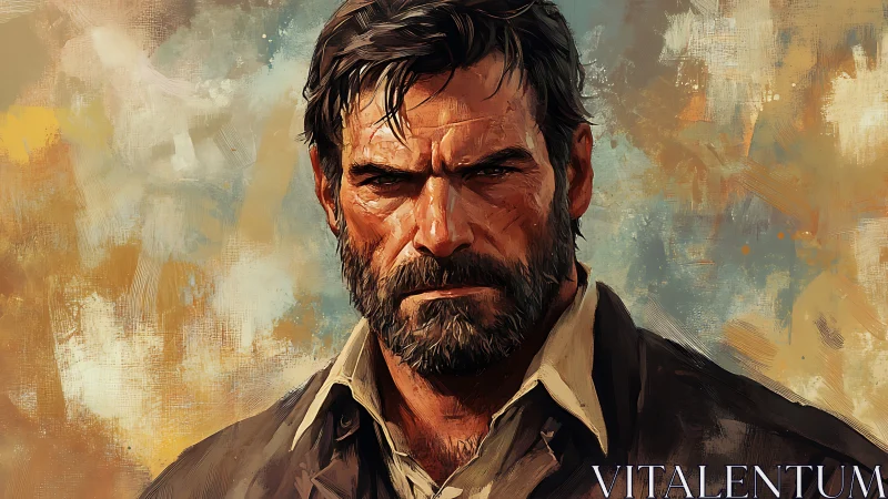 Middle-aged bearded man stares forward in painted portrait