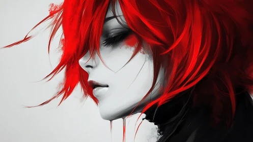 Scarlet-haired dreamer drifting in monochrome quiet. Period.