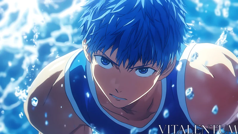 Dynamic anime swimmer rendered with high-contrast aquatic lighting
