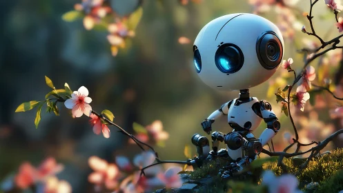 Miniature white robot observing cherry blossoms in spring.