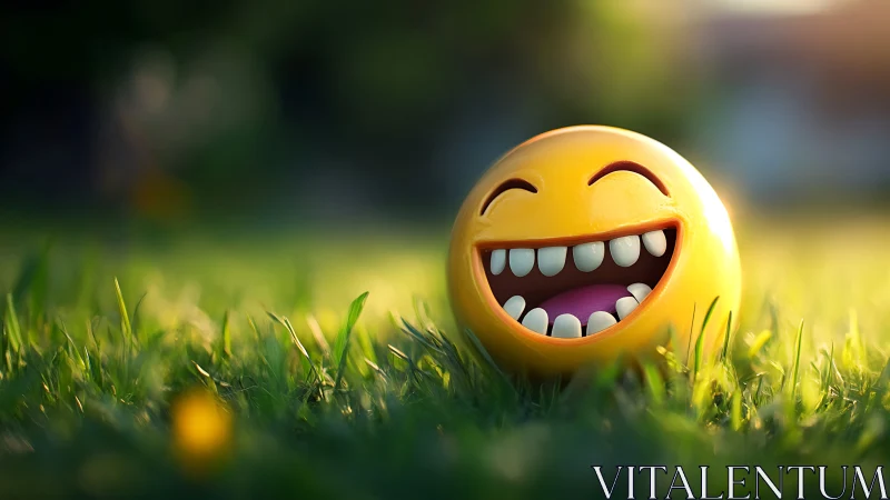Laughing yellow emoji ball on sunny green grass field.