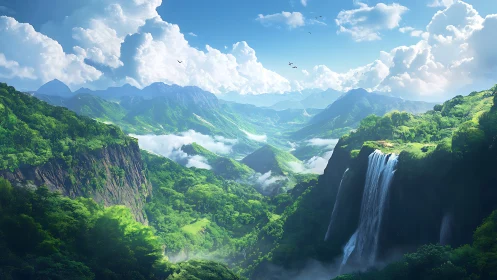 Lush mountain valley panorama with waterfall focal cascade.