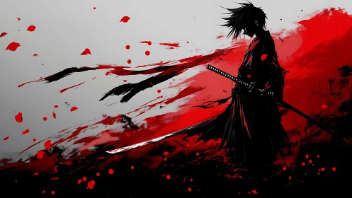 Silhouetted samurai stands amid dynamic red ink slashes