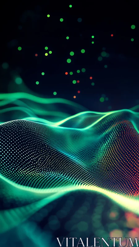 Glowing particle waves ripple through a dark digital horizon.