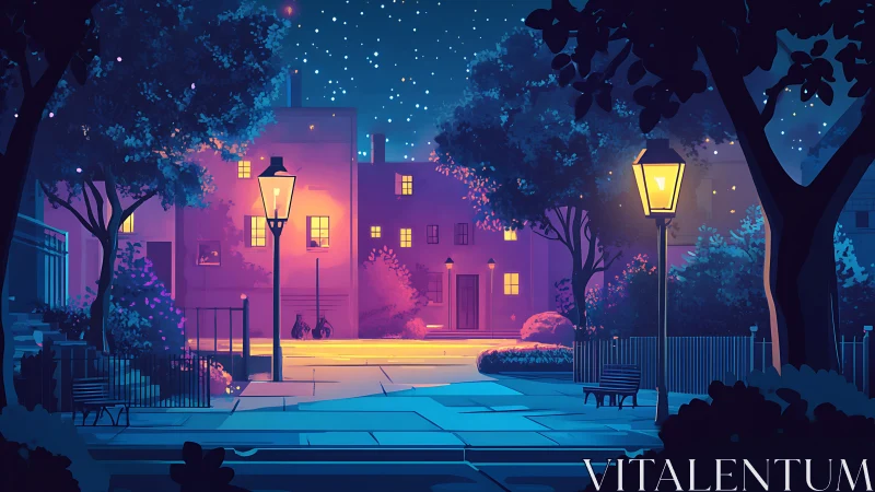 Night city courtyard under streetlights and starry sky