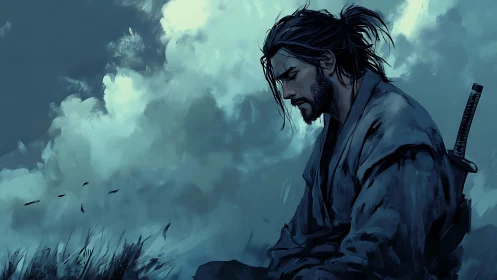 Solitary samurai in stormlit field under brooding clouds.