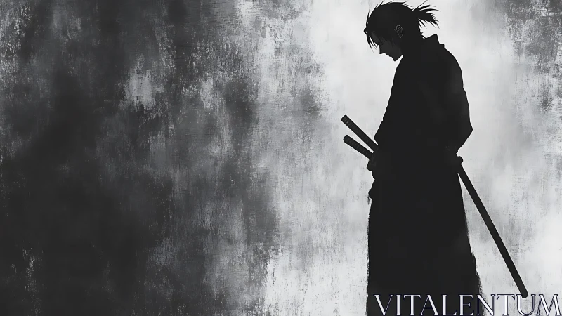 Silhouetted samurai with swords against textured gray wall.