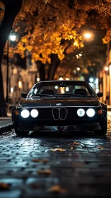 Midnight classic BMW prowls under autumn city lights.