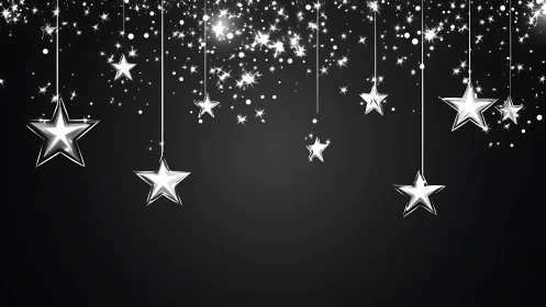 Specular metallic star garlands on gradient nocturnal field.