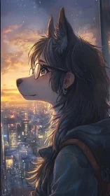 Anthro wolf scholar overlooking neon dusk city skyline.