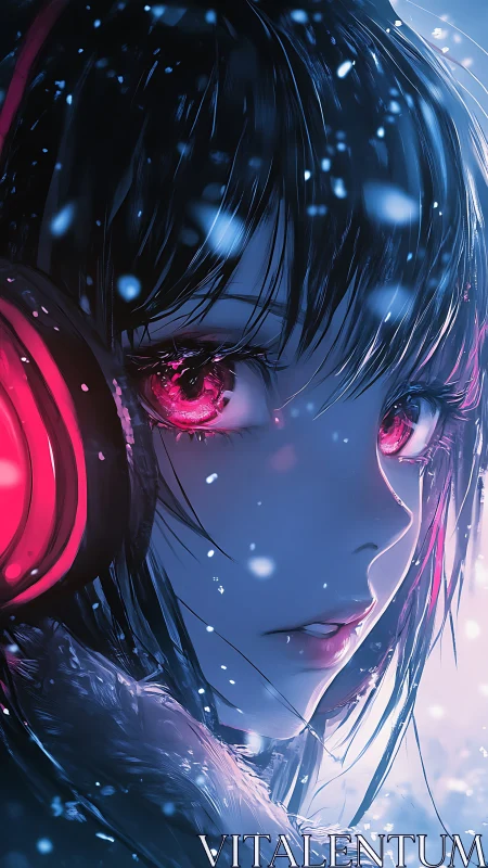 Snowlit anime girl with glowing pink eyes and headphones