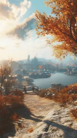 Autumn riverside vista with distant city skyline under warm haze