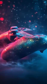 Neon galaxy game controller in cinematic bokeh haze composition.