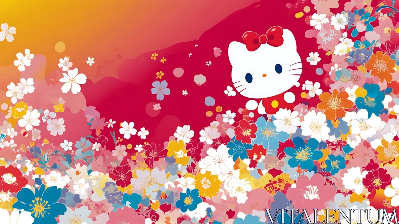 Cartoon feline figure amid dense multicolored blossoms.