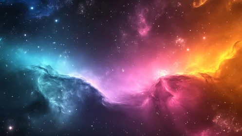 Vibrant tri‑color cosmic nebula drifts through starry deep space