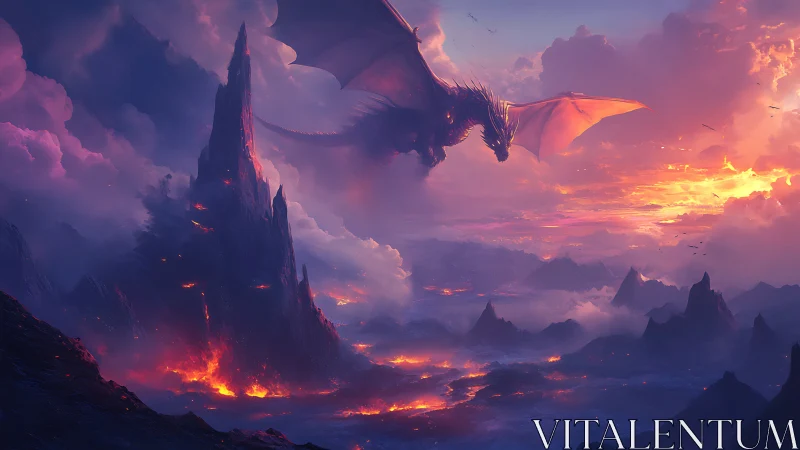Fire dragon soars above volcanic peaks at burning dusk