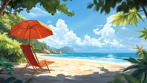 Parasol lounge chair composition with tropical oceanscape vista. Mediterranean retreat.