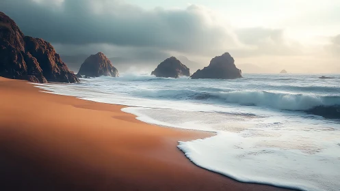 Rocky shoreline with waves under soft cloudy light.