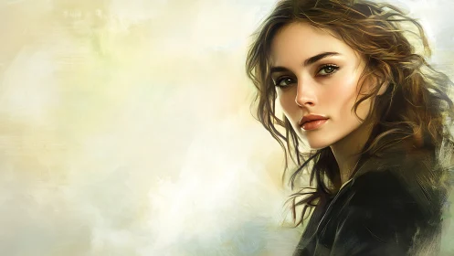 Soft-lit portrait of a young woman against hazy pastels.