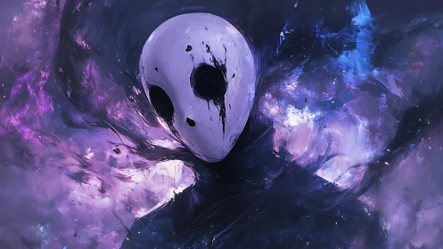 Digital painting of void-masked specter in cosmic nebula field.