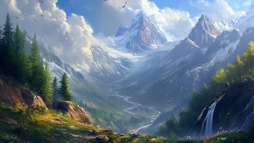 Snow-covered mountain valley with river and forested slopes.