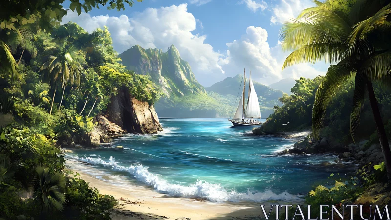 Sailboat Glides Through Emerald Cove's Turquoise Waters