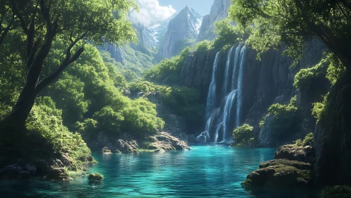 Mountain waterfall pool in lush green forest valley.