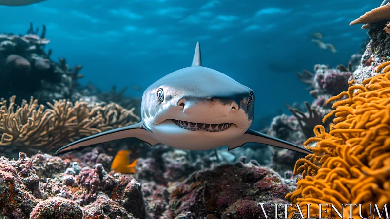 Curious reef shark glides through colorful coral kingdom