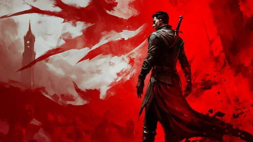 Warrior stands in red abstract battlefield with looming tower