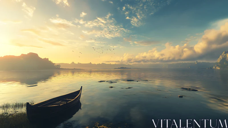 Wooden boat floats silently under golden sunrise light