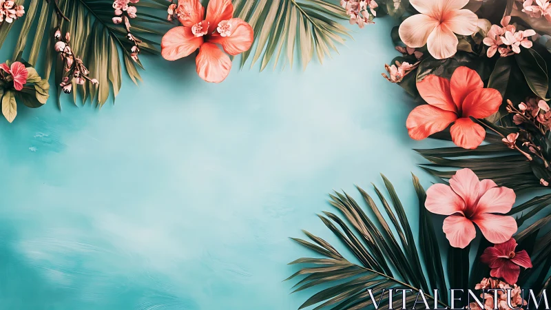 Coral Hibiscus Blooms on Turquoise Texture.