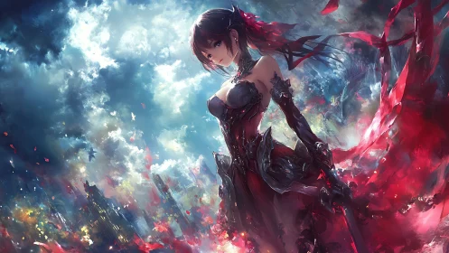 Crimson storm knight steadies the sky with silent resolve