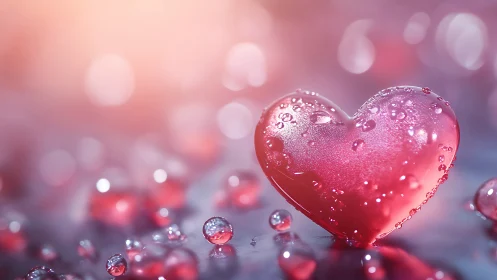 Red liquid heart form with water droplets in bokeh environment.