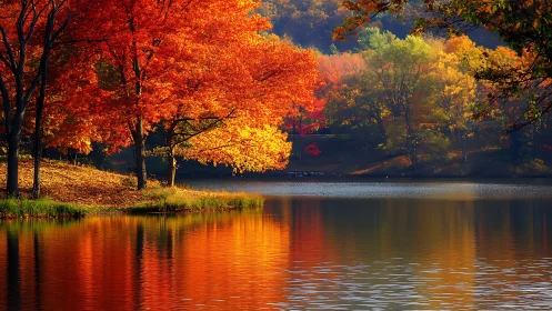 Autumnal deciduous canopy mirrored in laminar lakeside reflections.