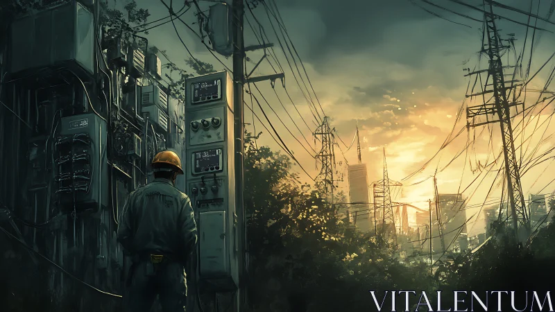 Engineer surveys decayed power grid at smoggy city sunset