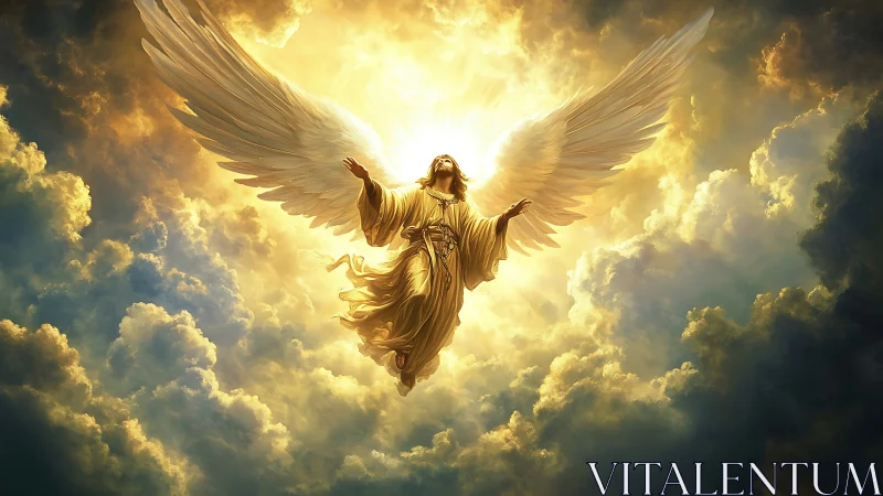Radiant golden angel ascending through luminous heavens.