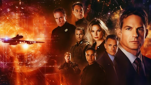 Ensemble officers confront blazing cosmic conflict backdrop.