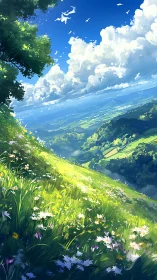 Hillside meadow and distant valley under cumulus clouds.