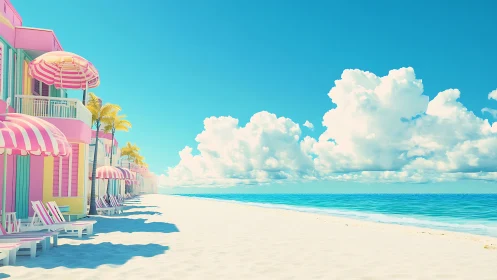 Pastel modular beachfront with striped parasols under cumulus.