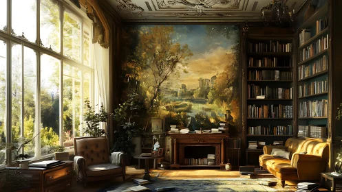 Sunlit library lounge opens into a grand painted landscape